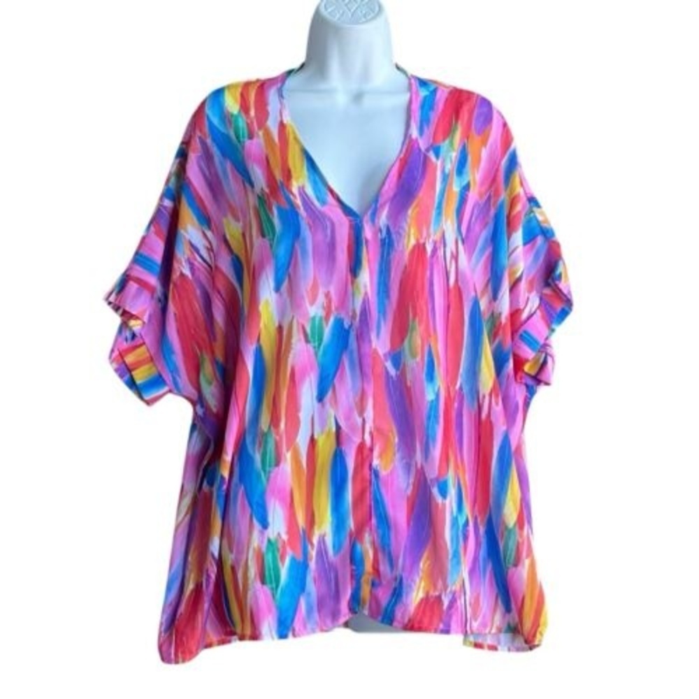 JODIFL Whimsical Feather Print Tunic Top V-Neck Multicolor Blouse Womens Size L